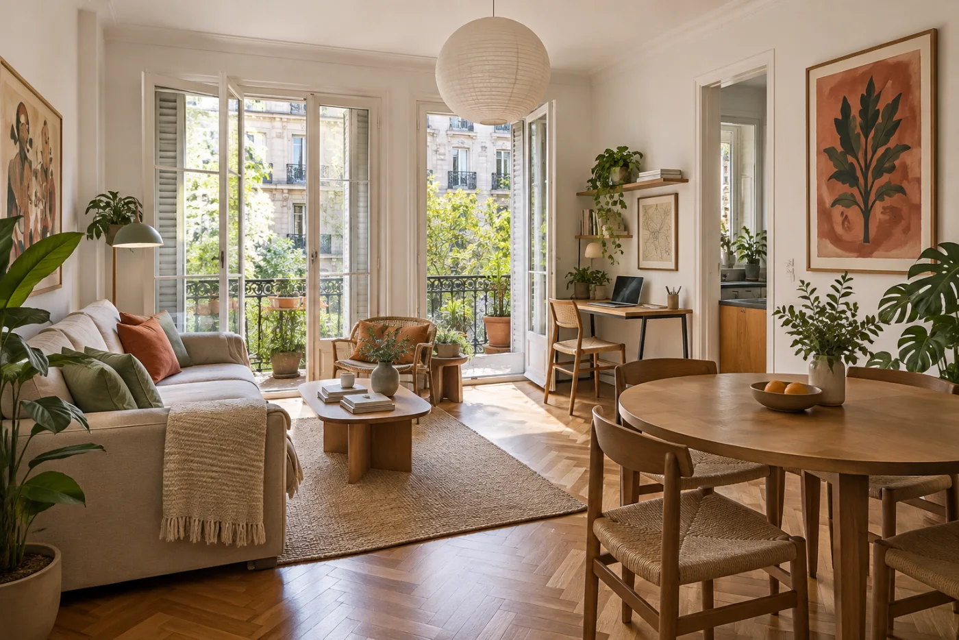 Bright furnished Palermo apartment with a balcony, dining area, and workspace