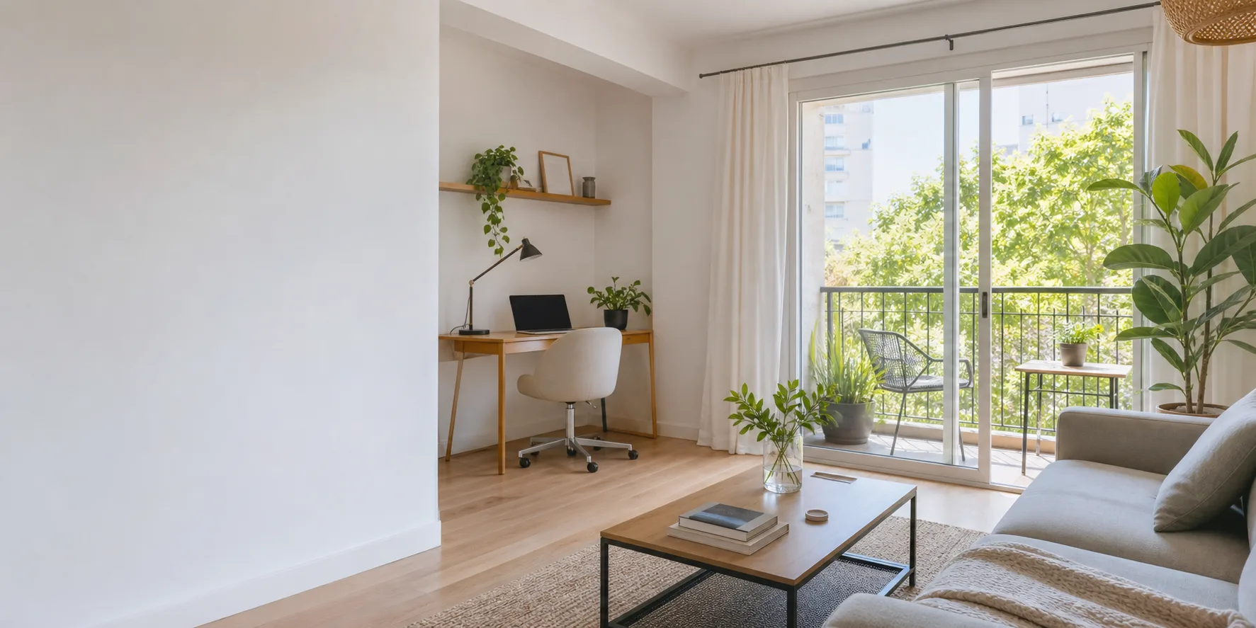 Bright furnished apartment living area with a table, sofa, and natural light