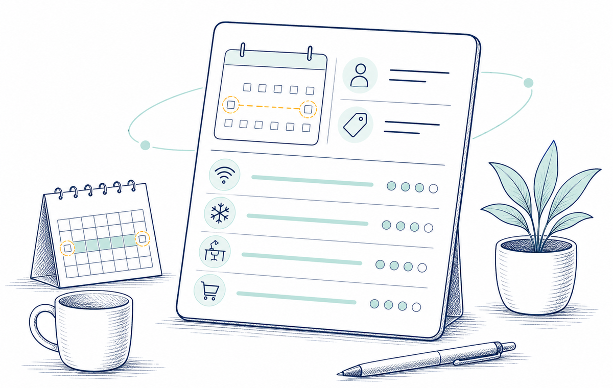 Line drawing of a furnished stay brief with priorities for work, comfort, and daily life