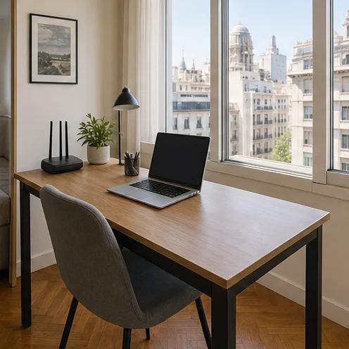Sample apartment desk with a chair, laptop, router, and city view