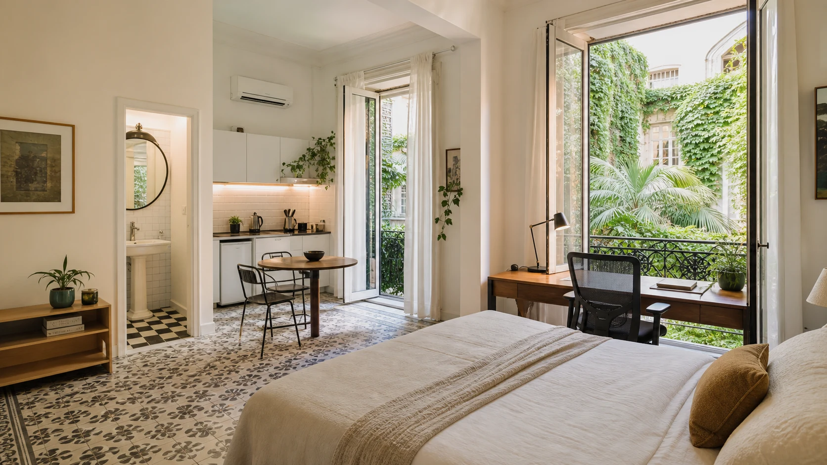 Sample furnished apartment beside a courtyard window