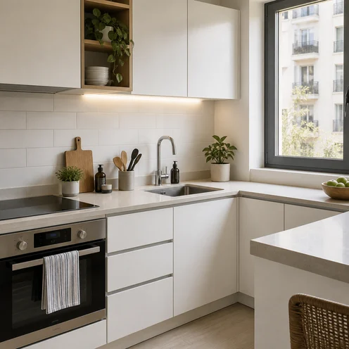 Sample furnished apartment kitchen with cabinets and appliances