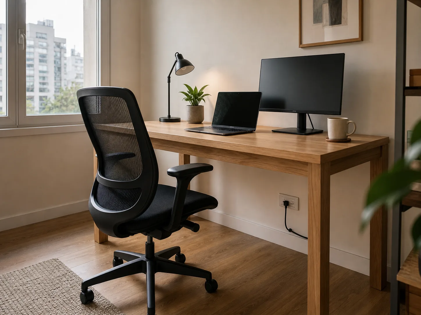 Close-up apartment workspace with a full desk, laptop, monitor, task chair, and window